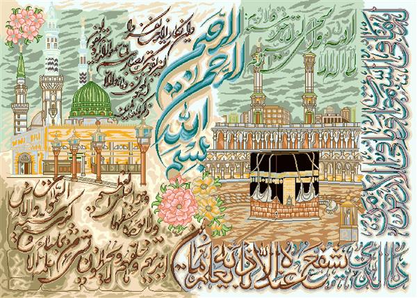 تابلو فرش مذهبی مسجد النبی، کعبه و آیات قرآنی