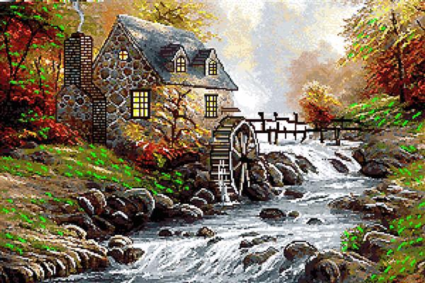 تابلو فرش آسیاب سنگی با چرخ آب و رودخانه در پاییز