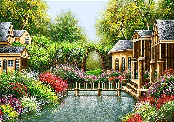 تابلو فرش عمارت‌های سنگی کنار برکه با پل چوبی و طاق سنگی