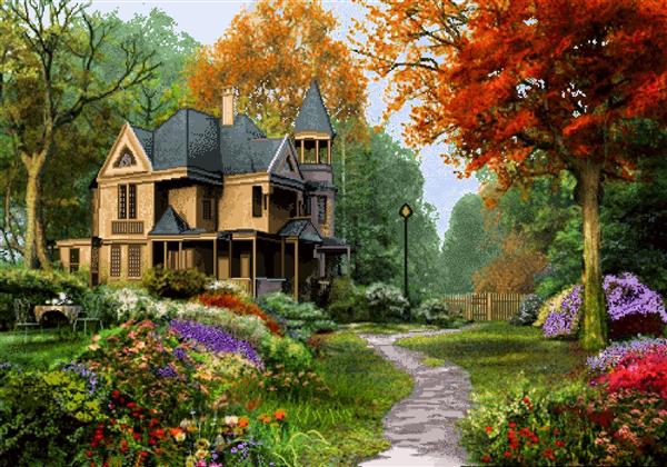 تابلو فرش عمارت ویکتوریایی در باغ بزرگ پرگل