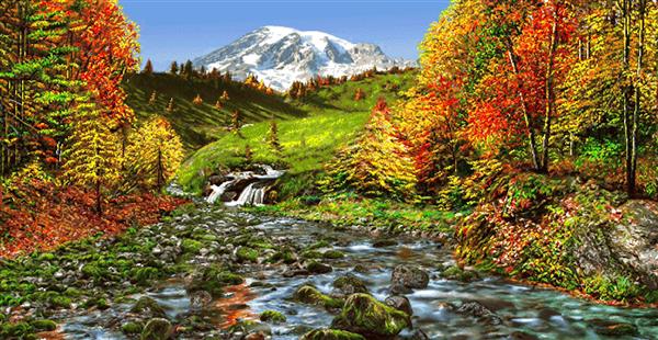 تابلو فرش کوهستان برفی و رودخانه خروشان در منظره پاییزی
