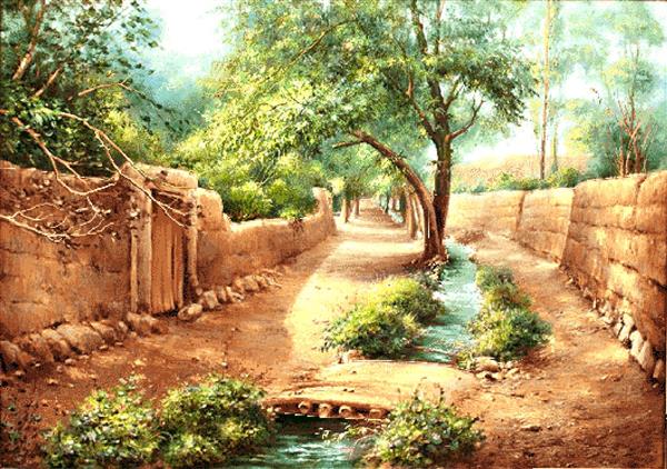 تابلو فرش کوچه باغ خاکی با دیوارهای کاهگلی و جوی آب