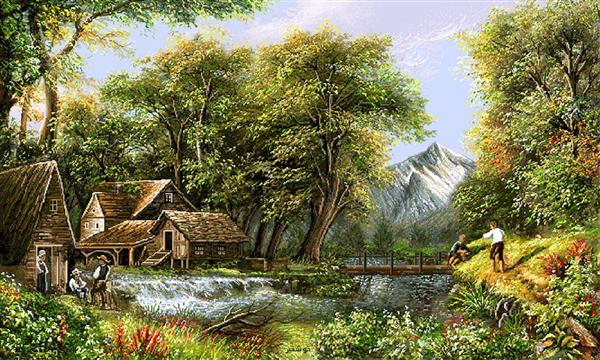 تابلو فرش مجموعه کلبه‌های روستایی کنار آبشار و رودخانه
