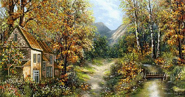 تابلو فرش کلبه تک در مسیر رودخانه پاییزی و کوهستان