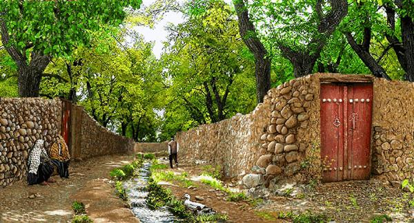 تابلو فرش کوچه قدیمی روستایی با دیوار سنگی و درب چوبی قرمز