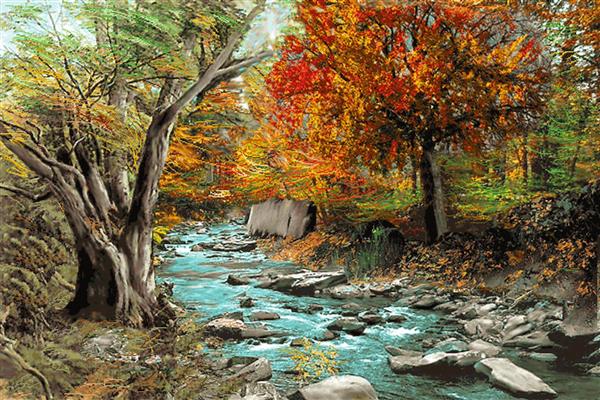 تابلو فرش رودخانه خروشان در میان درختان پاییزی