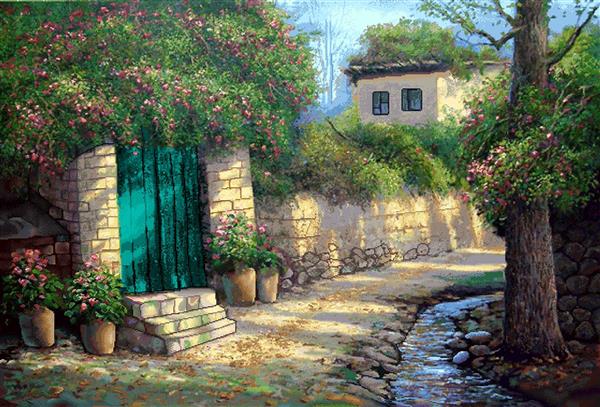 تابلو فرش کوچه باغ با درب فیروزه‌ای و جوی آب