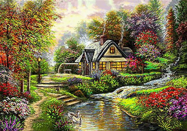 تابلو فرش کلبه دنج کنار نهر آب با باغ گل‌های رنگارنگ و درختان پاییزی