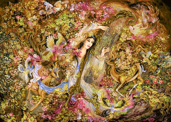 تابلو فرش نگارگری بانوی شناور میان گل‌ها و پرندگان بنفش