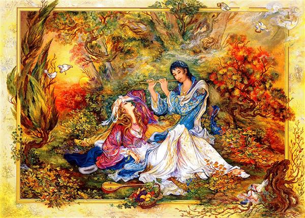 تابلو فرش مینیاتور نوای دل‌انگیز اثر استاد فرشچیان