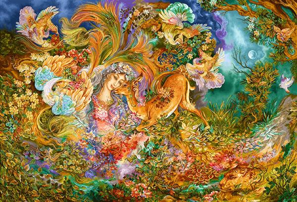 تابلو فرش نگارگری بانوی پری‌وش با آهو در باغ خیال