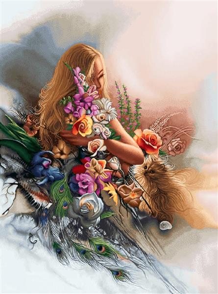 تابلو فرش نقاشی بانو با دسته گل، گربه و پر طاووس