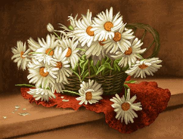 تابلو فرش سبد گل‌های بابونه سفید روی رومیزی قرمز