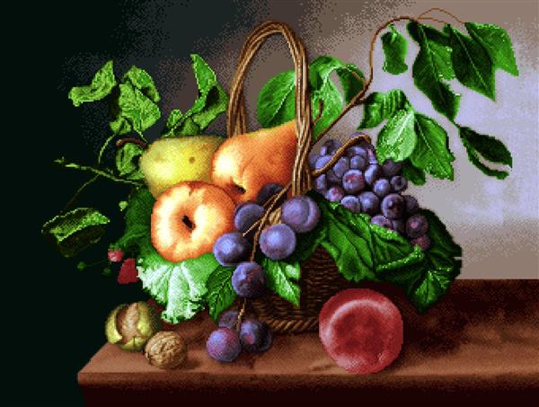 تابلو فرش سبد میوه با میوه‌های پاییزی مانند آلو، انگور و سیب