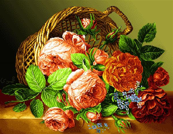 تابلو فرش سبد حصیری گل‌های رز صورتی و نارنجی