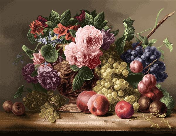 تابلو فرش میوه و گل‌های متنوع شامل رز و انگور روی لبه