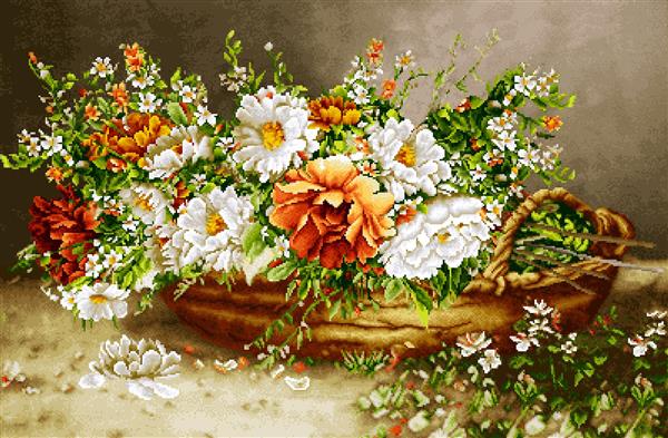 تابلو فرش سبد گل‌های تازه و شاداب با رنگ‌های سفید و نارنجی