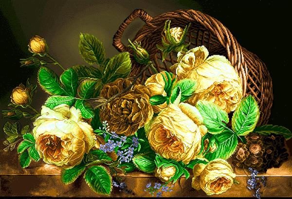 تابلو فرش سبد گل رز زرد و کرم