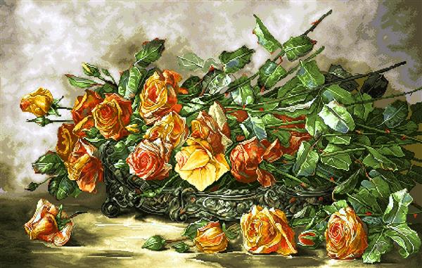 تابلو فرش دسته گل رز نارنجی و قرمز روی رومیزی