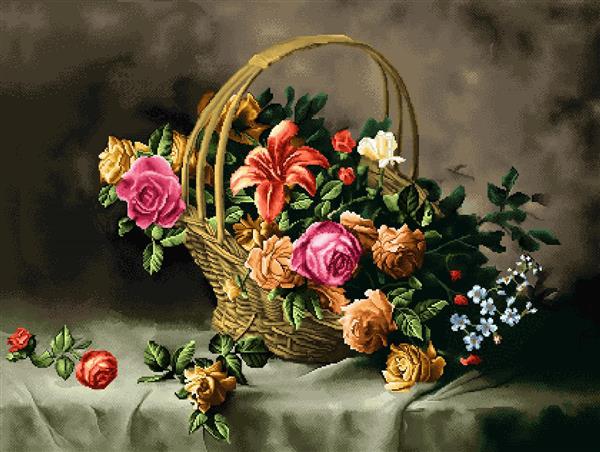 تابلو فرش سبد گل رز و لیلیوم با زمینه تیره
