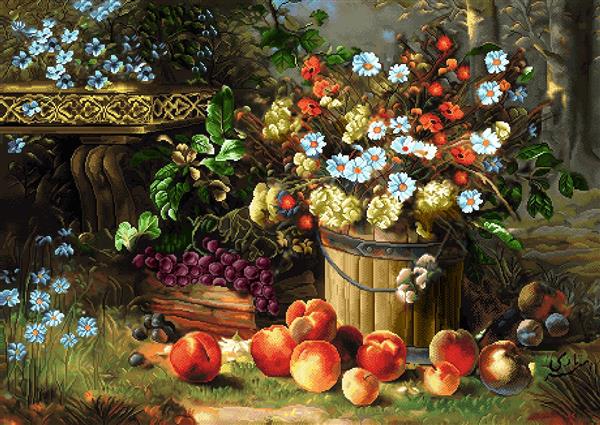 تابلو فرش طبیعت بی جان میوه و گل در باغ