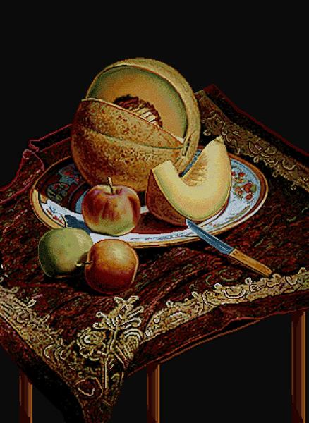 تابلو فرش طبیعت بی جان خربزه و سیب روی میز ایرانی