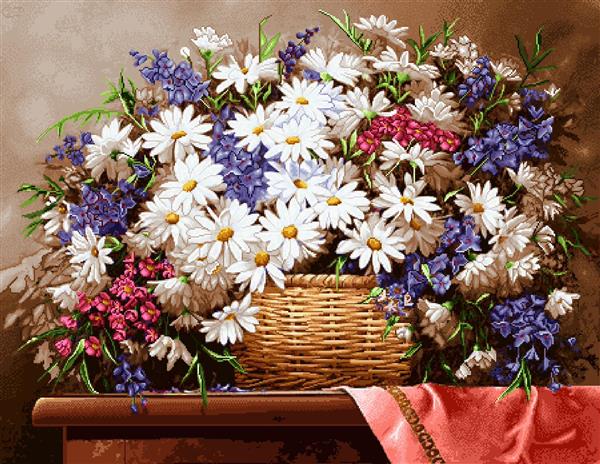 تابلو فرش سبد گل‌های بابونه و دلبر در پس‌زمینه گرم