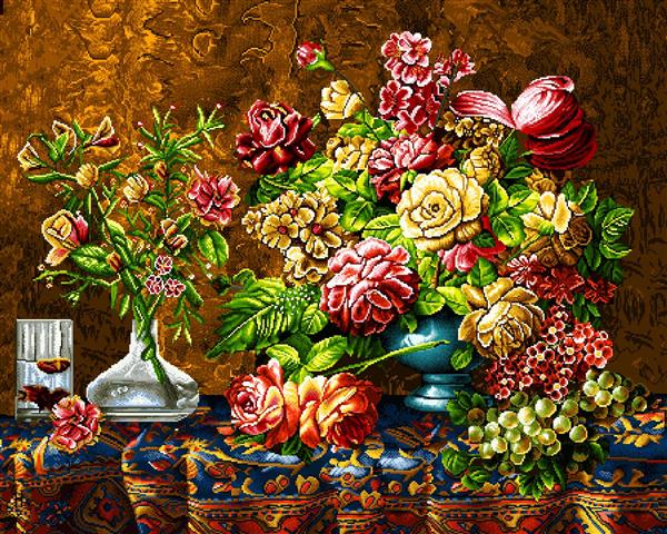 تابلو فرش چیدمان گل و میوه روی میز با رومیزی ایرانی