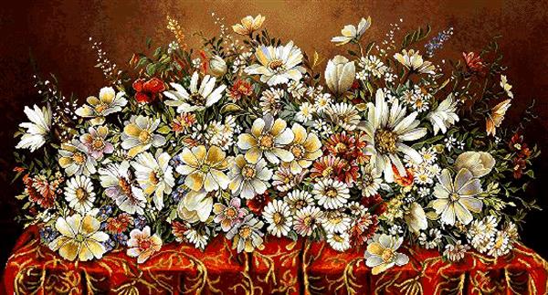 تابلو فرش رومیزی با گلهای سفید و رنگارنگ