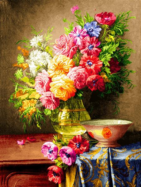 تابلو فرش گلدان شیشه‌ای با گل‌های متنوع و کاسه