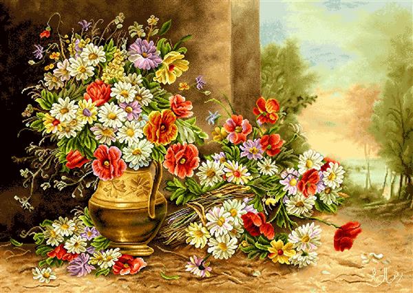 تابلو فرش گلدان و سبد گل‌های وحشی در طبیعت