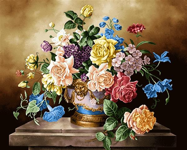 تابلو فرش گلدان گل های اشرافی رنگارنگ روی پایه مجلل