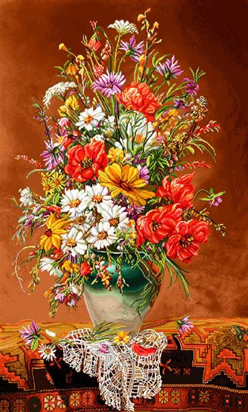تابلو فرش گلدان گل های وحشی رنگارنگ روی رومیزی سنتی