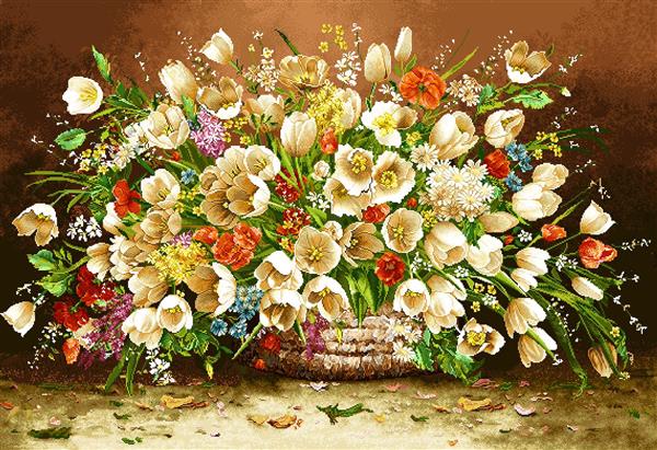 تابلو فرش سبد پر از گلهای لاله سفید و کرم با گلهای ریز رنگی