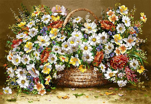 تابلو فرش سبد گل بابونه سفید و گلهای نارنجی و بنفش در پس زمینه قهوه ای