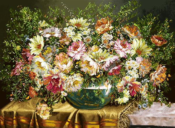 تابلو فرش گلهای وحشی رنگارنگ در گلدان شیشه ای سبز روی پارچه