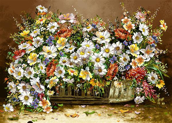تابلو فرش سبد پر از گل‌های وحشی و بابونه‌های رنگارنگ بهاری