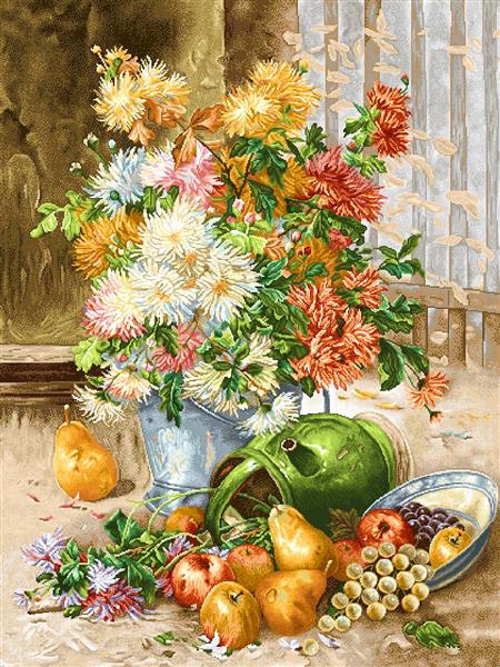 تابلو فرش طبیعت بی‌جان پاییزی با گل داوودی در سطل، میوه‌ها و ظرف انگور