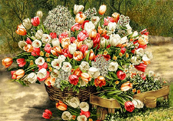 تابلو فرش سبد گل‌های لاله با طراحی چشم‌نواز