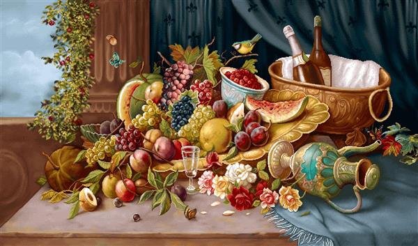 تابلو فرش میوه و طبیعت بی‌جان با رنگ‌های گرم