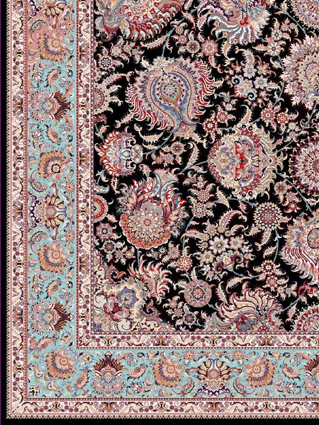 نمای نزدیک فرش مشکی با نقوش بته جقه و حاشیه فیروزه‌ای