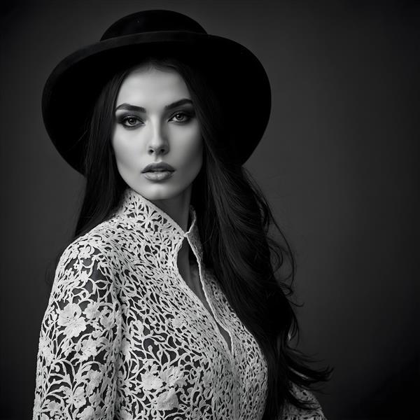پرتره کلاسیک زن با کلاه و لباس یقه بلند گیپور سیاه و سفید