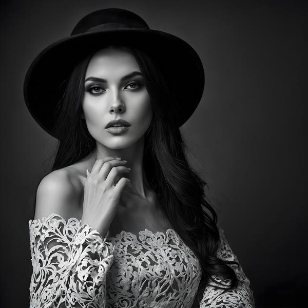 پرتره سیاه و سفید زن با کلاه مشکی و لباس گیپور