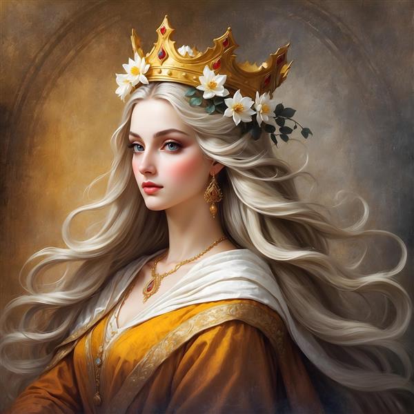 ملکه شیرین با موهای نقره‌ای و تاج گل سفید