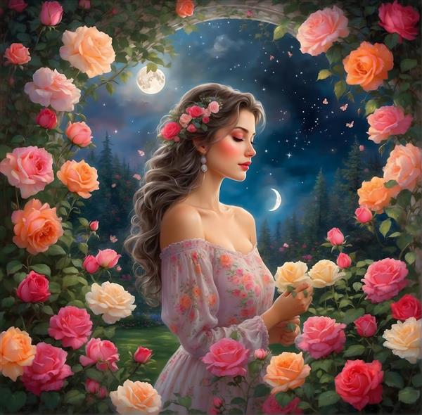 زن در باغ گل رز زیر نور ماه و ستاره، پرتره فانتزی زن با گل‌های صورتی و نارنجی
