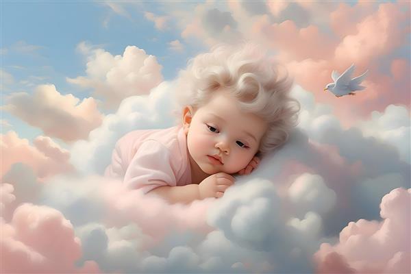 تصویرسازی نوزاد بامزه در میان ابرها با پرنده، کودک فرشته‌گونه در آسمان پاستلی