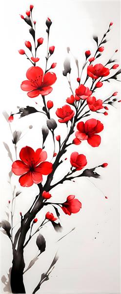نقاشی گل‌های شکوفه قرمز و شاخه سیاه، طرح هنری شکوفه گیلاس با سبک آبرنگ ژاپنی