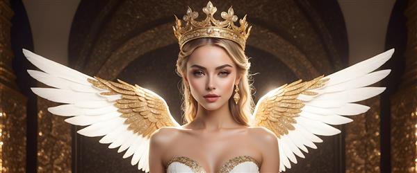 فرشته بلوند با بال‌های طلایی درخشان و لباس سفید در معماری مجلل