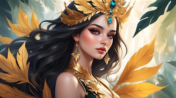الهه طبیعت با موهای مشکی و تاج طلایی و بال‌های برگ