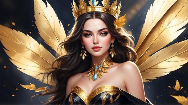 الهه مو مشکی با بال‌های طلایی درخشان و تاج برگ طلا